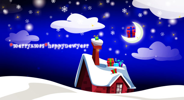 卡通风格的童话屋屋顶上的圣诞礼物。节日圣诞创意卡片或传单。图片下载