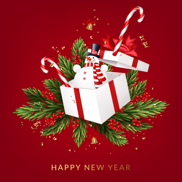 新年贺卡和礼品盒，糖果和雪人。图片下载