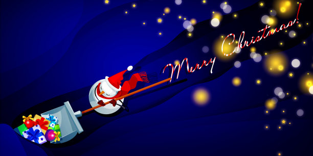 新年快乐，圣诞快乐!雪人与铲子和礼物在一个神奇的彩色背景卡通风格。有创意的仙女卡片或传单。图片下载