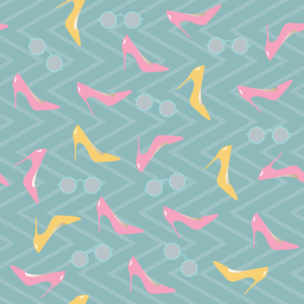 无缝模式的时尚女性用品。经典的高跟鞋和圆形太阳镜。时尚设计矢量印花图片下载