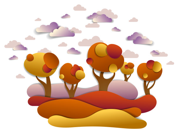 风景优美的秋天景观草地和树木，多云的天空与鸟和太阳，秋天的田野和草地矢量插图剪纸孩子风格。秋天乡村，旅游观光。图片下载