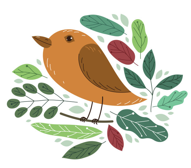 小可爱的小鸟在树枝上被树叶包围矢量平面风格插图孤立在白色背景上，自然美的概念。图片下载