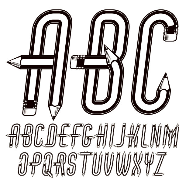 集向量大写英文字母字母孤立的使用办公用品设计，木制铅笔。图片下载