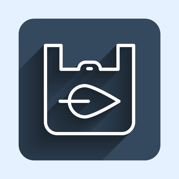 白色线纸购物袋与回收图标隔离与长阴影背景。有回收标志的袋子。蓝色方块按钮。向量图片下载