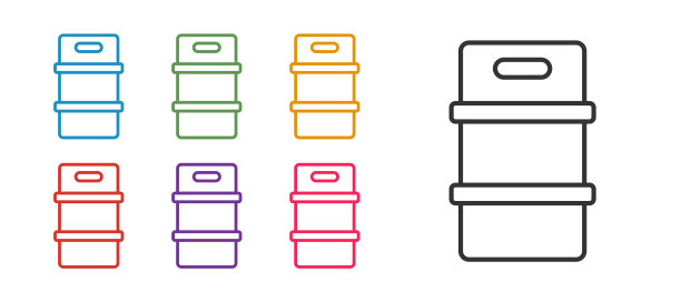设置线金属啤酒桶图标隔离在白色背景。设置图标丰富多彩。向量图片下载