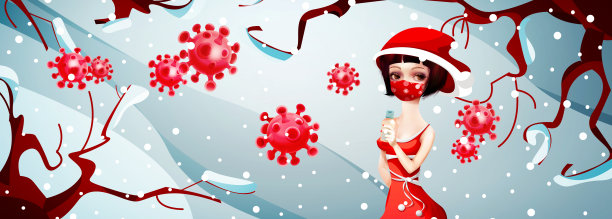 新冠疫情与2022新年：戴着节日医用口罩的圣诞女孩与冬季背景上的冠状病毒图片下载
