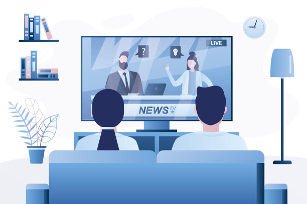 一对家庭夫妇坐在沙发上看电视。电视屏幕上的新闻频道。男女主角以新潮的蓝色风格，后视镜。图片下载