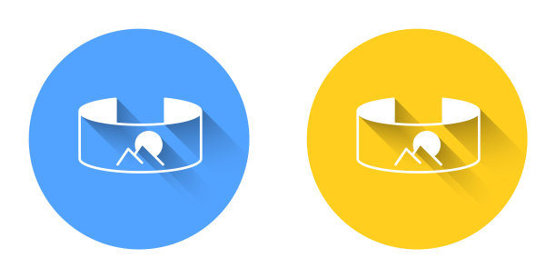 白色360度视图图标与长阴影背景隔离。虚拟现实。角度360度摄像机。全景照片。圆按钮。向量图片下载