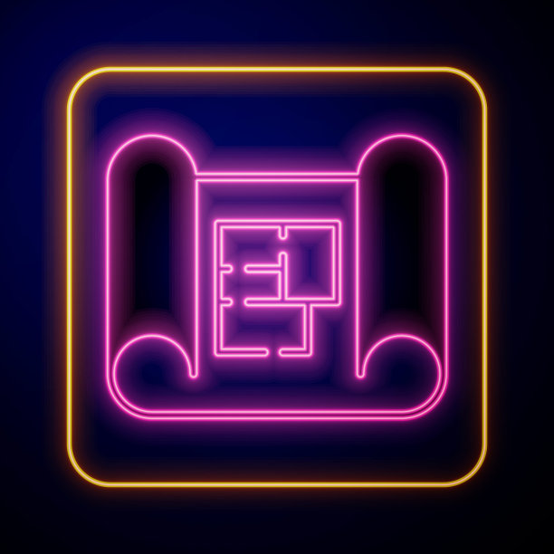 发光的霓虹灯房子平面图图标孤立在黑色背景。向量图片下载