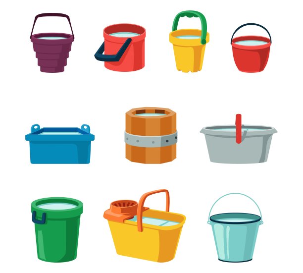 桶。装有水的金属、木制和塑料容器。家庭洗涤设备。卡通管家坦克模型。倒液体的清洁工具。向量明亮的国内桶集图片下载