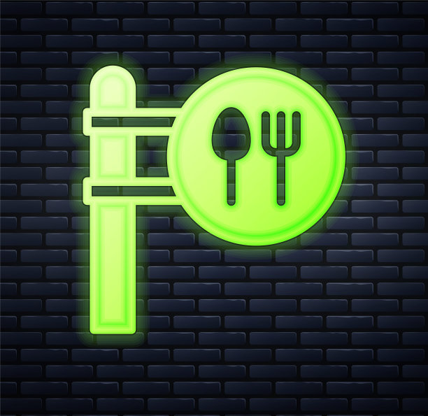 发光的霓虹灯咖啡馆和餐厅位置图标孤立在砖墙背景。叉子和勺子的餐厅标志里面。向量图片下载