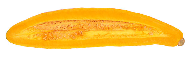 橘色、成熟、新鲜的香蕉形南瓜，内切半，纵切面孤立在白色背景上图片下载