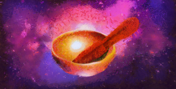 藏碗在黑暗闪亮的银河背景。精神上的符号说明图片下载