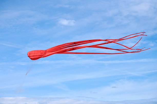 亮红粉粉的风筝章鱼飞在蓝色的云天里，红橙不寻常的风筝，风筝节图片下载