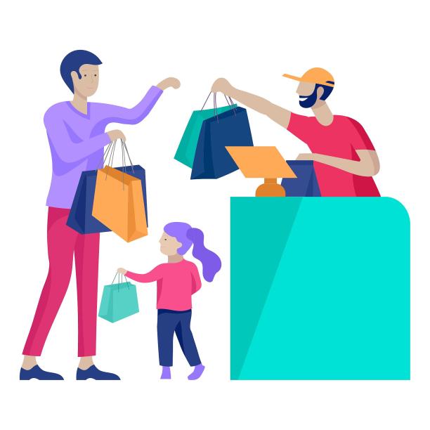 收银员购物员结账柜台服务爸爸孩子卡通图片下载