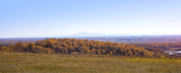 美丽的全景，秋天的森林和山脉在一个清晰的背景，蓝色的天空图片下载