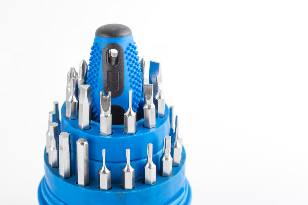 一套不同形状的蓝色螺丝起子，白色背景上有文字的地方图片下载