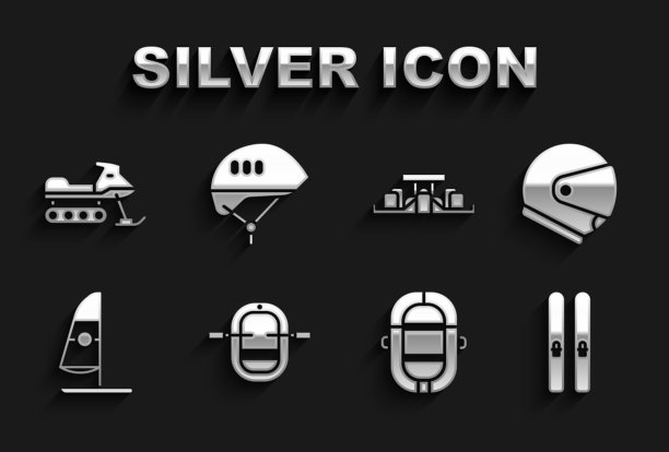 设置漂流船，头盔，滑雪和棍棒，风帆冲浪，一级方程式赛车，雪地摩托和自行车头盔图标。向量图片下载