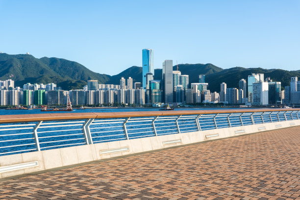 空旷的行人路，可以看到香港的城市景观和天际线图片下载