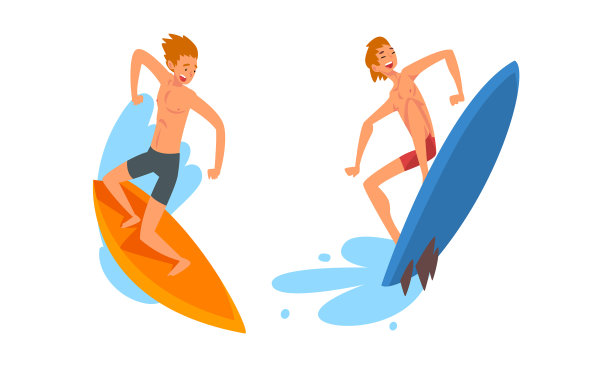 男子冲浪角色在冲浪板上滑行图片下载