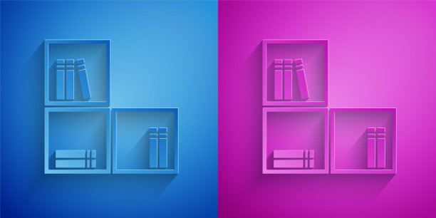 剪纸书架与书籍图标孤立在蓝色和紫色的背景。货架上的迹象。纸艺术风格。向量图片下载