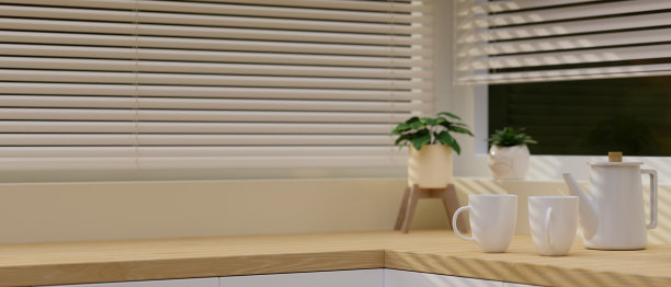 现代轻木厨房台面与白色陶瓷茶具和空间蒙太奇图片下载