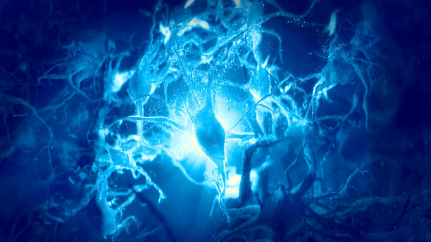 在抽象的黑暗空间中具有发光链接的神经元的概念表示，高分辨率的三维表示图片下载