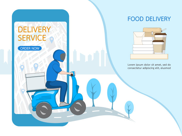 网上订购，在餐厅网站上购物，通过触摸屏移动智能手机。送货服务将即食食品送到家里。矢量插图风格。图片下载