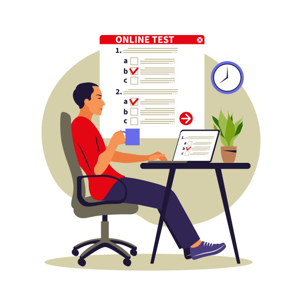 概念在线测试，电子学习，计算机考试。矢量插图。平图片下载