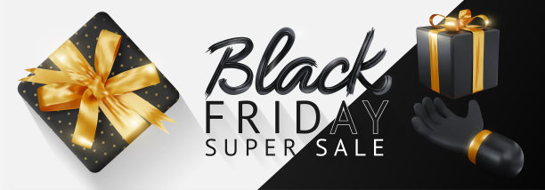 黑色星期五大甩卖。手和现实的黑色礼品盒与金色的弓。黑白背景金字文字。矢量图图片下载