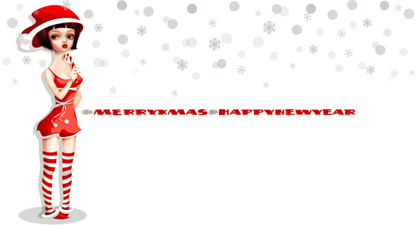 圣诞快乐，恭贺新禧!美丽的女孩打扮成圣诞老人在一个孤立的白色背景在卡通风格。图片下载