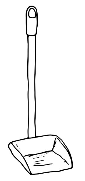 用于垃圾收集的载体簸箕。一个草图风格的地板扫地勺长柄是一个孤立的黑色轮廓上的白色背景的家庭清洁设计模板图片下载