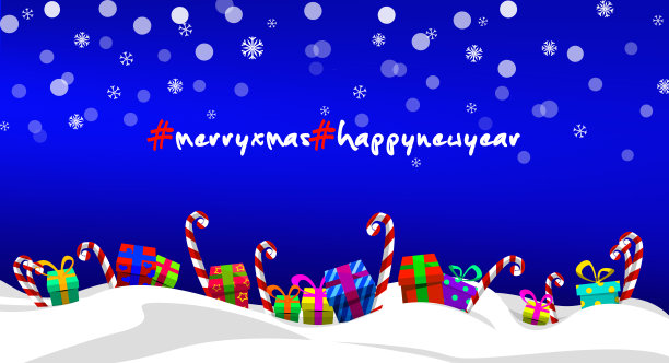 新年快乐，圣诞快乐!明亮多彩的礼物与棒棒糖卡通风格的节日抽象彩色背景。图片下载