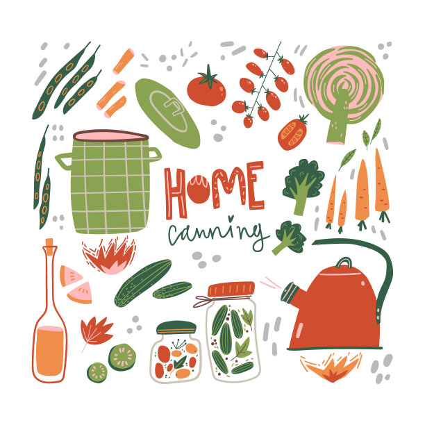 家庭罐头涂鸦集。简单的秋季厨房用具。天真的北欧风格图片下载