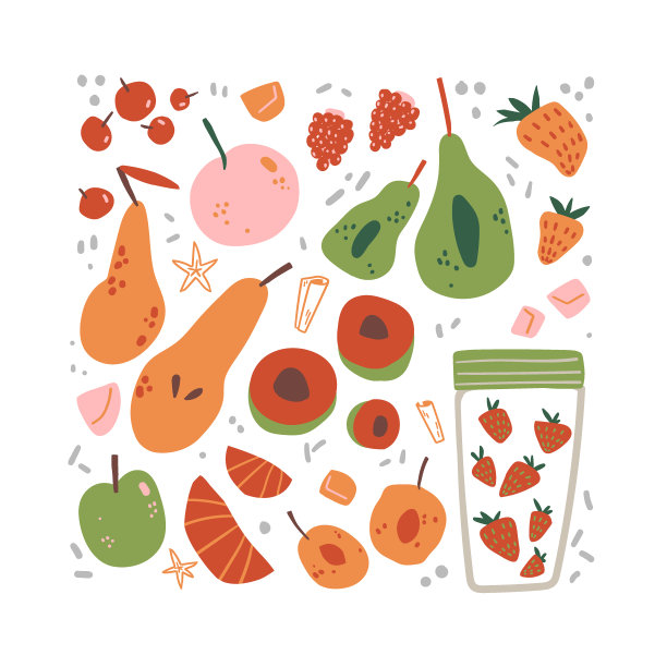 水果和浆果涂鸦集。简单秋收，吃素。天真的北欧风格。图片下载