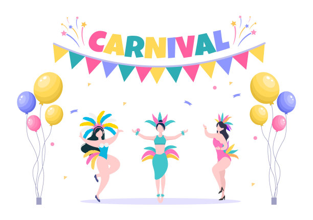 欢乐嘉年华庆典背景矢量插图。人们用五彩缤纷的派对、五彩纸屑、舞蹈、音乐和鲜艳的海报服装庆祝节日图片下载