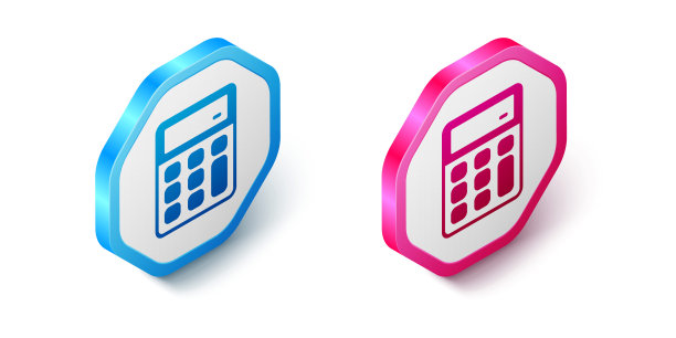 等距计算器图标孤立在白色背景。会计的象征。商业计算，数学教育和金融。六角按钮。向量图片下载