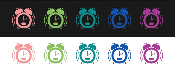 设置闹钟图标隔离在黑色和白色背景。起床，起床的概念。时间信号。向量图片下载