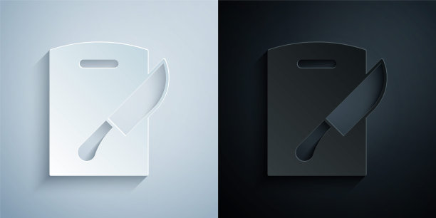 剪纸砧板和刀图标孤立在灰色和黑色的背景。切菜板的象征。餐具的象征。纸艺术风格。向量图片下载