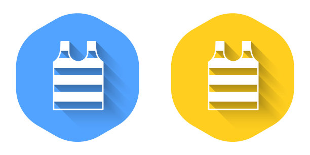 白色条纹水手t恤图标孤立与长阴影背景。海洋对象。圆按钮。向量图片下载