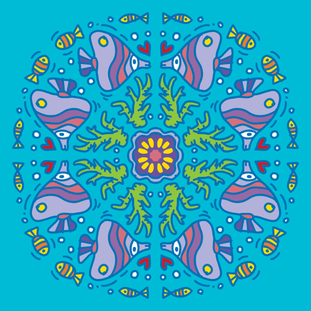 手画的曼荼罗与鱼装饰图案图片下载