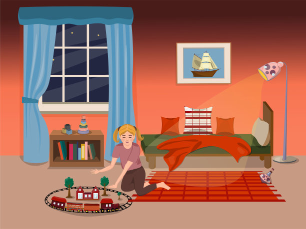 晚上，小女孩在托儿所玩耍。托儿所的内部有玩具和铁路。的孩子。的童年。矢量插图在卡通风格图片下载