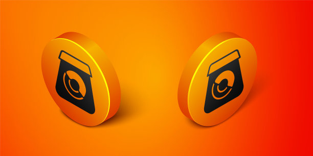 Isometric在线订购和快餐配送图标孤立的橙色背景。橙色圆按钮。向量图片下载