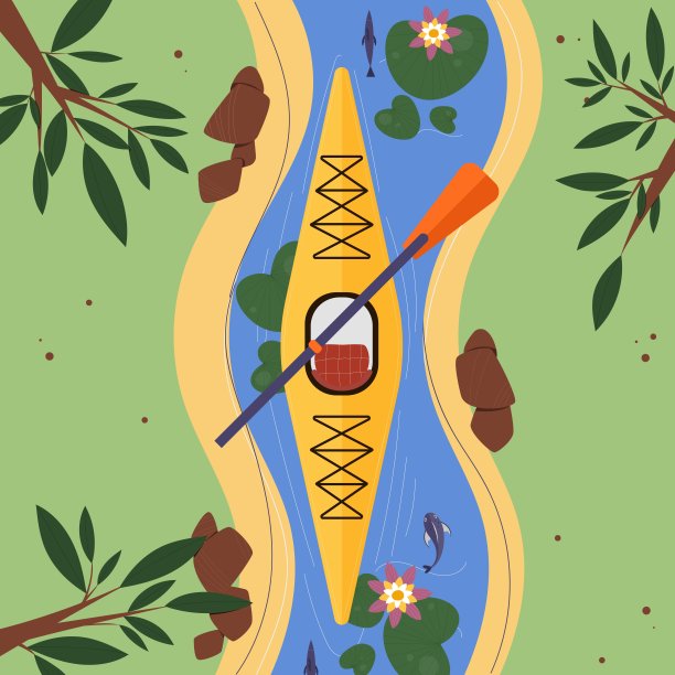 矢量插图的空皮艇，河流，海岸，草，鱼，睡莲的顶部视图。夏季活动概念图片下载