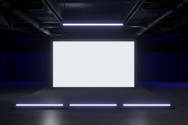 空舞台设计模型和企业形象，展示。站台元素在大厅。图形资源的空白屏幕系统。现场事件主导夜间灯光舞台。3d背景在线事件，会议，现场。3渲染。图片下载