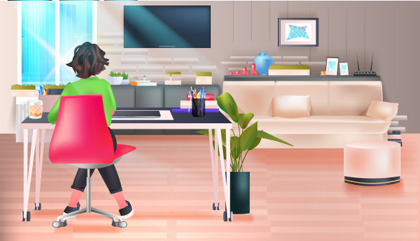 女商人，自由职业者或学生坐在工作场所的客厅内部图片下载