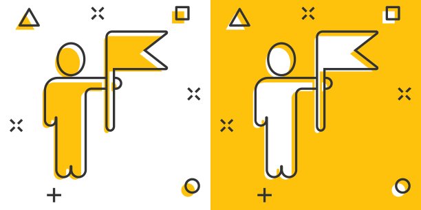 漫画风格的旗帜图标的人。胜利卡通矢量插图在白色孤立的背景。成就飞溅效应经营理念。图片下载