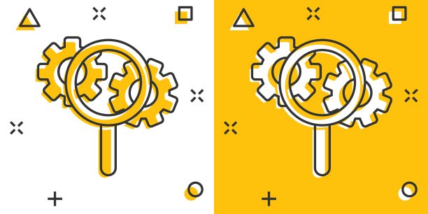 漫画风格的Loupe齿轮图标。放大镜卡通矢量插图在白色孤立的背景。Seo探索飞溅效应的经营理念。图片下载