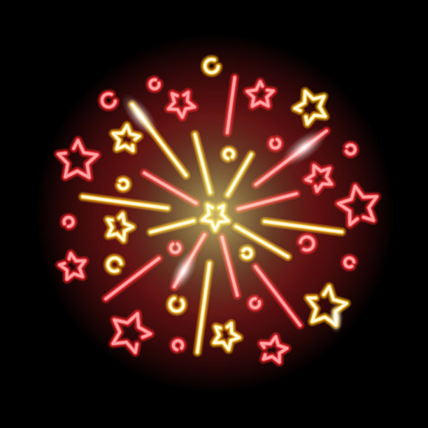 霓虹灯星星烟花图标孤立在黑色背景。新年，圣诞节，节日，有趣的派对概念。向量10 EPS插图。图片下载