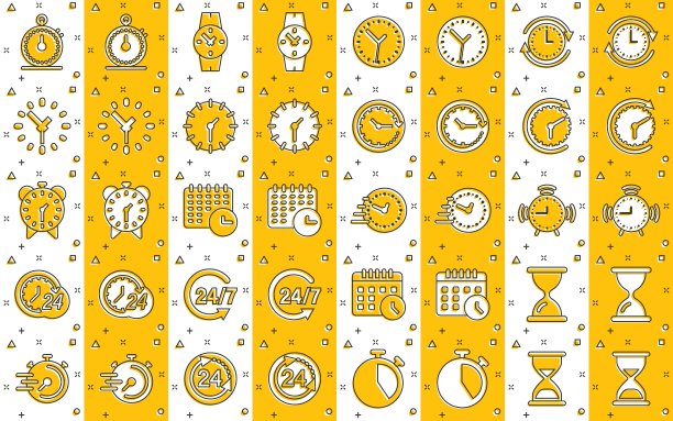 时间图标设置在漫画风格。议程时钟卡通矢量插图在白色孤立的背景。沙漏、腕表计时器溅效果的经营理念。图片下载